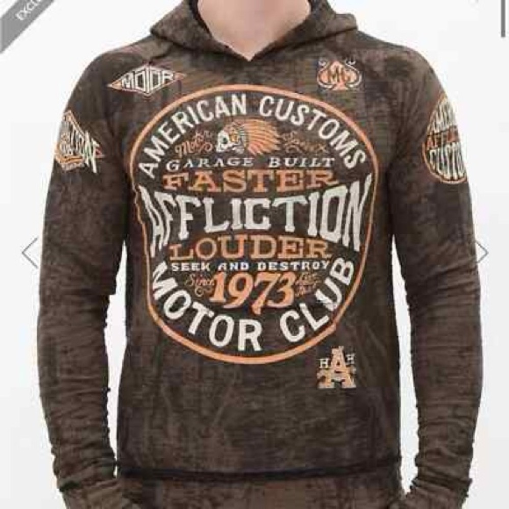 Affliction Men's American Customs Petrol Graphic Acid Wash Reversible Hoodie LG
